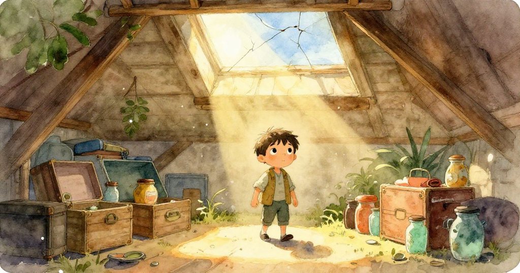 Milo進入閣樓,夕陽光線穿透破碎天窗,灰塵飄舞,展現探索冒險的好奇心。