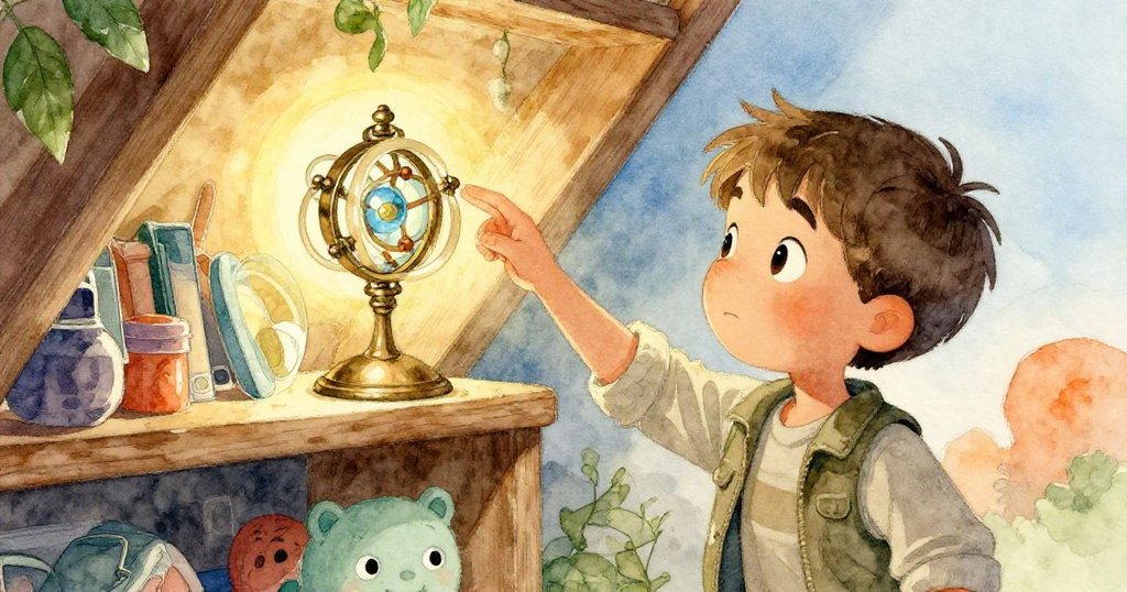 Milo伸手觸碰古銅萬花筒,精緻紋路在暖光下閃爍,背景滿佈古老閣樓物品,散發神秘氣息。