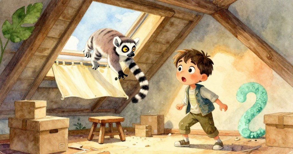 斑紋狐猴從天窗滑入閣樓,撞上懸掛布幕,箱子相碰,Milo驚訝互動,場面生動溫暖。
