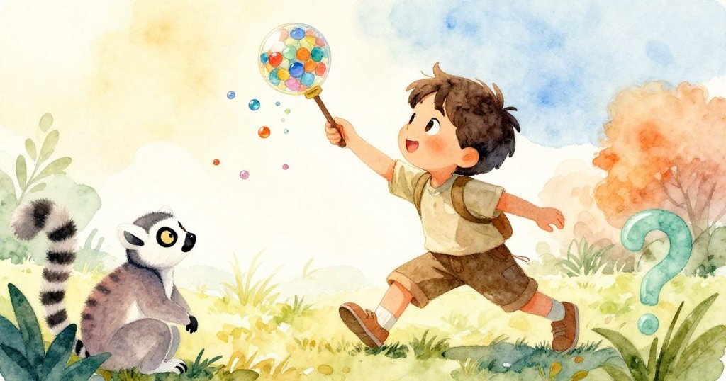 Milo迅速接住落下的萬花筒,彩色玻璃珠灑落四周,狐猴好奇旁觀,動感與溫馨交織。