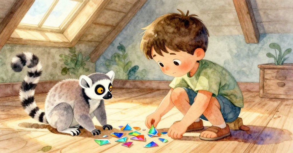 Milo蹲在舊木地板上撿拾萬花筒碎片,狐猴在旁欣賞閃爍的色彩馬賽克,氛圍寧靜溫馨。