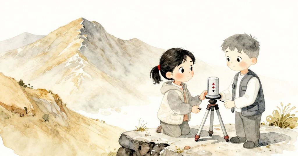 瑪雅穩定腳架，利奧拆解傳感器，山脊石上展現廣闊谷地，充滿專注和期待情緒。