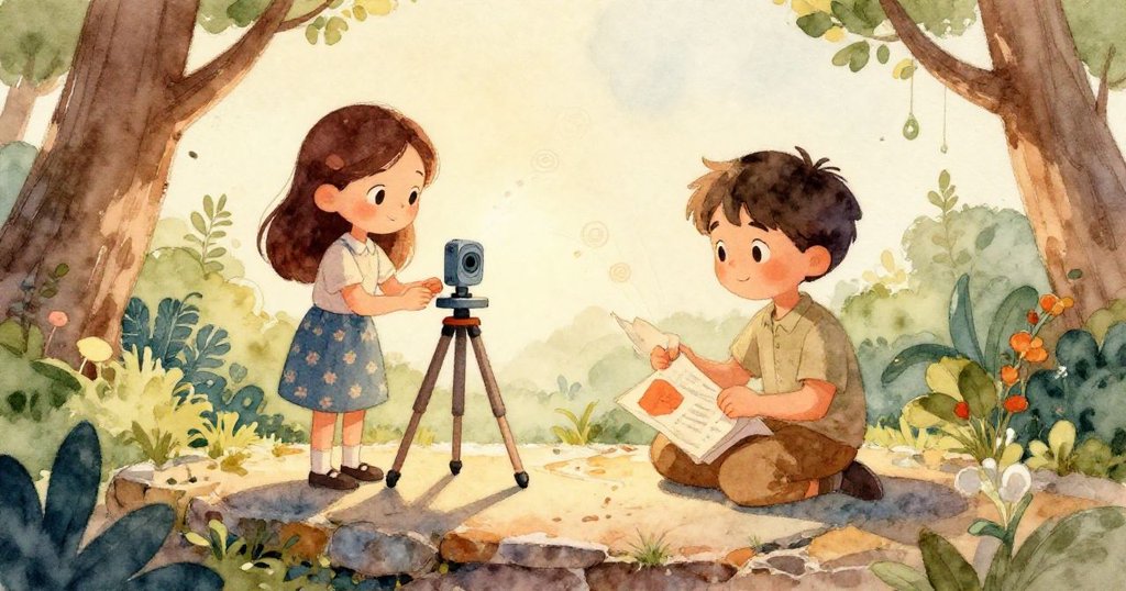 瑪雅專注注視眼神，輕風吹拂筆記本，展示好奇與專注，背景隱約有山巒。