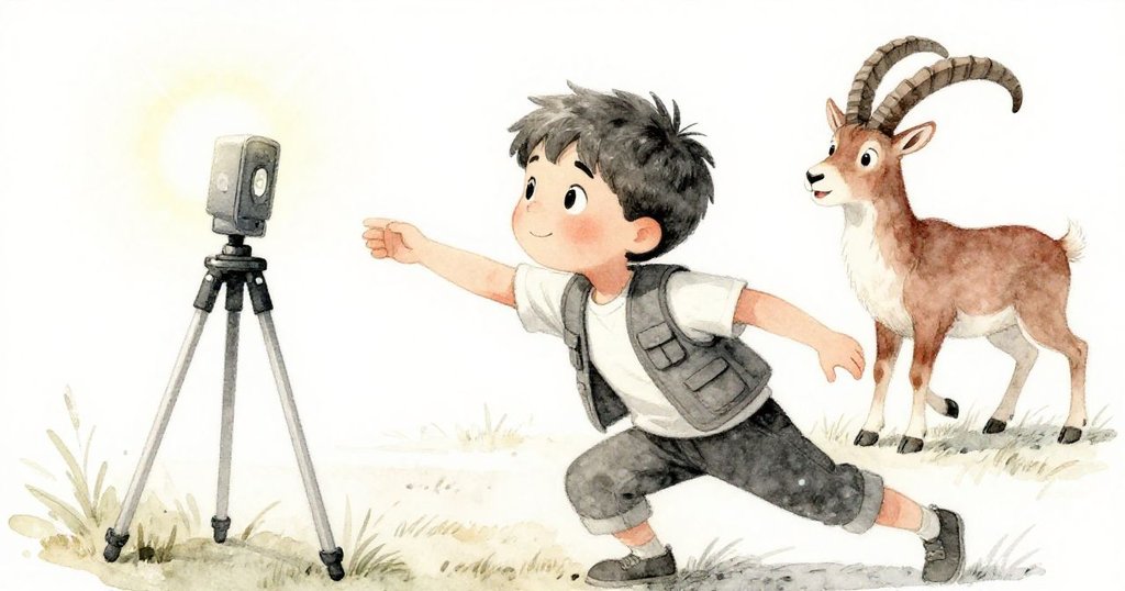 利奧迅速捕捉傾斜腳架，岩羊驚訝退後，陽光照耀岩石展現緊張動感瞬間。