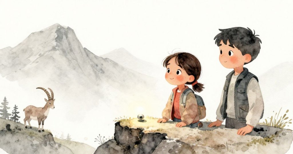 瑪雅與利奧溫柔微笑看著穩定傳感器，岩羊安靜吃草，陽光柔和鋪滿山脊，呈現平靜解決後的溫馨景象。