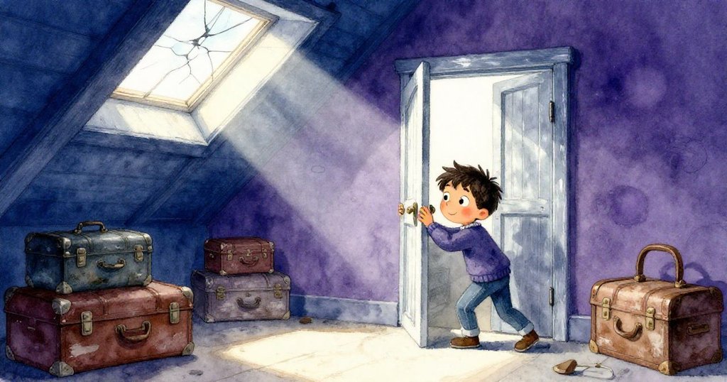 Theo輕輕推開古舊閣樓門，柔和光線灑入充滿塵埃與老物的空間，臉上流露著好奇與謹慎。