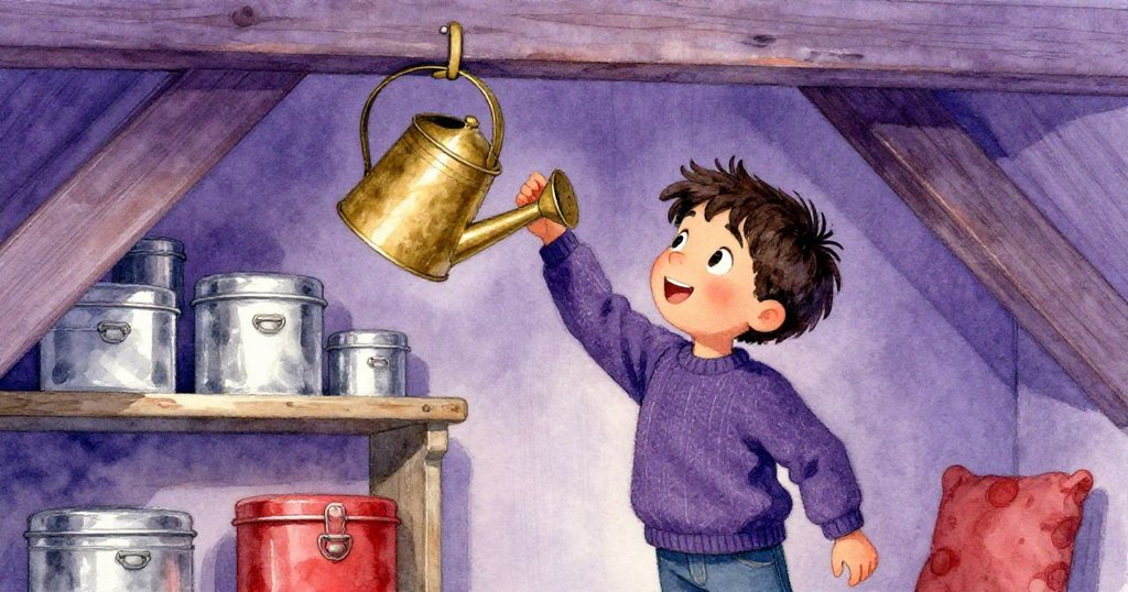 Theo伸手觸碰懸掛在橫樑上的黃銅澆水壺，背景中排列整齊的錫盒顯出閣樓過往歲月的痕跡。