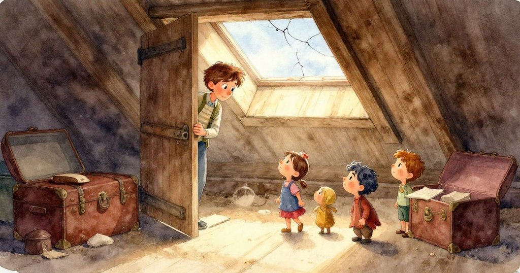 一顆大理石緩慢滾動，其表面反射出模糊的Theo驚奇神情與閣樓溫柔光影，營造靜謐詩意。