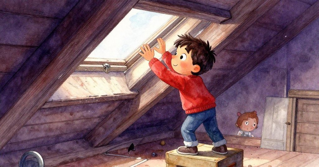 Theo站在小板條箱上，仔細推動搖搖欲墜的天窗，臉上既表現決心又略顯緊張，展現閣樓過渡時刻。