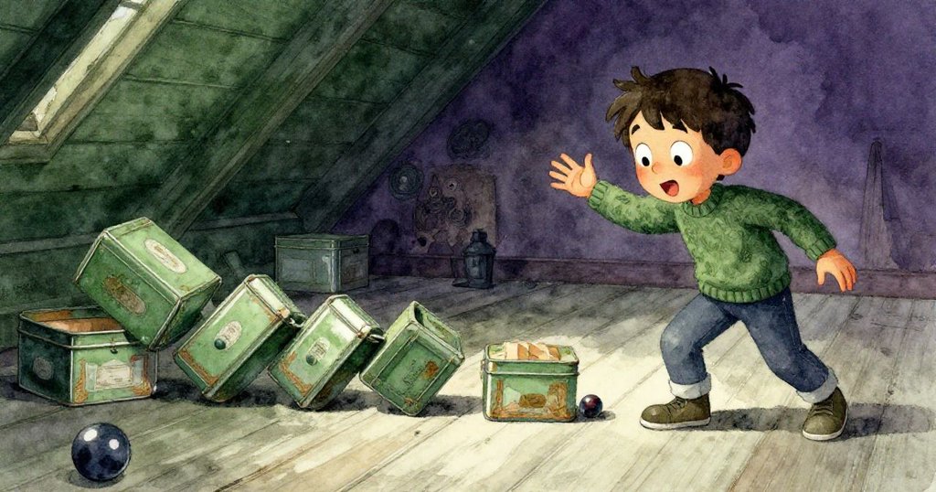 Theo驚訝間急忙伸手抓取滾動的大理石，背景中錫盒連環傾斜引發玩味連鎖反應，營造動感場景。