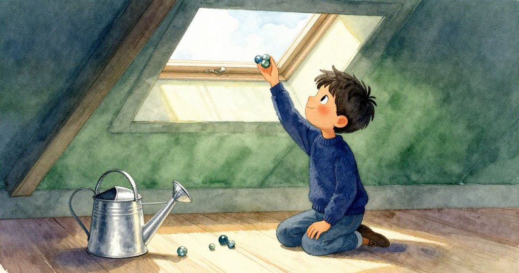 Theo平靜而專注收集閣樓上散落的大理石，緩緩重置天窗，柔和光線灑落一切，象徵冒險後的安寧與恢復。