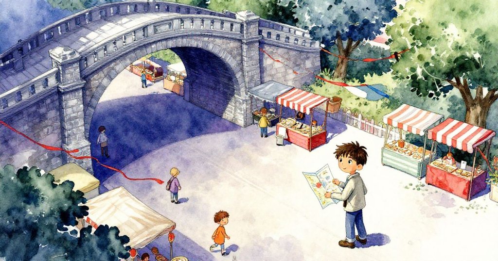 米洛站在老鐵路拱門旁熱鬧市集邊緣，手握折疊地圖，神情好奇，背景呈現繁忙攤位與飄動絲帶。