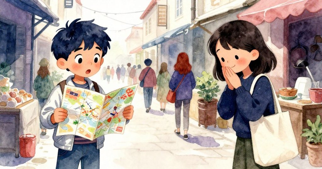 米洛與莉雅在狹窄巷道中不期相遇，米洛展露驚訝之情，莉雅持帆布袋微笑道歉，背景充滿市場風情。