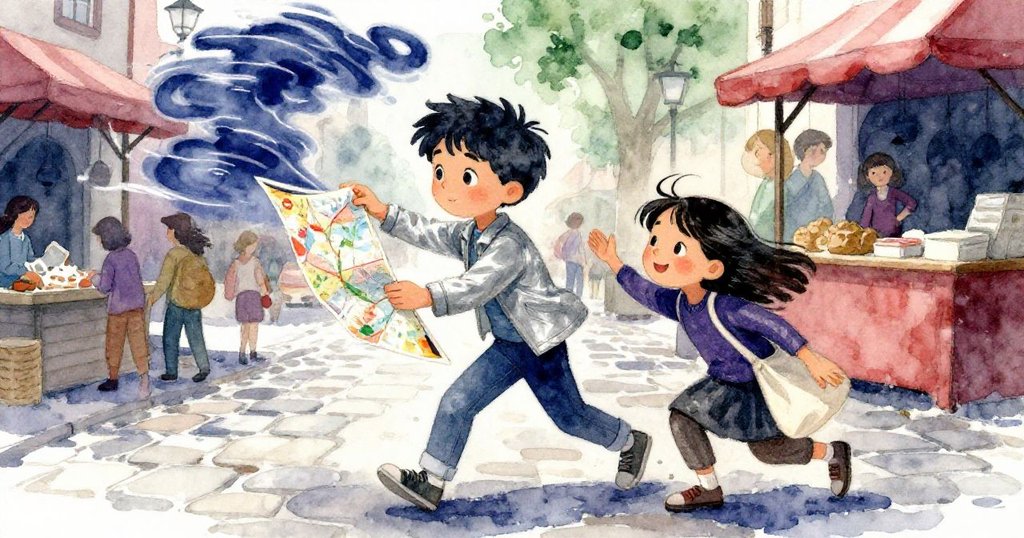 強風吹動地圖，莉雅迅速俯身接穩即將落地的地圖，米洛驚訝神色，石板路與市集情景動感展現。