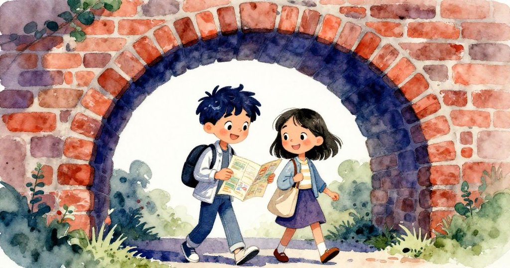 米洛與莉雅並肩快步穿越磚砌拱門，邊看地圖邊流露笑容，充滿興奮與探索新路徑的動感。