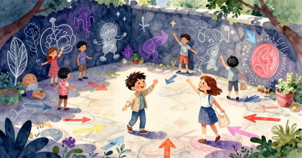 米洛與莉雅在隱蔽庭院中加入孩子們的粉筆嘉年華，牆上彩繪壁畫與新畫箭頭映出喜悅，陽光普照，夢幻氛圍。