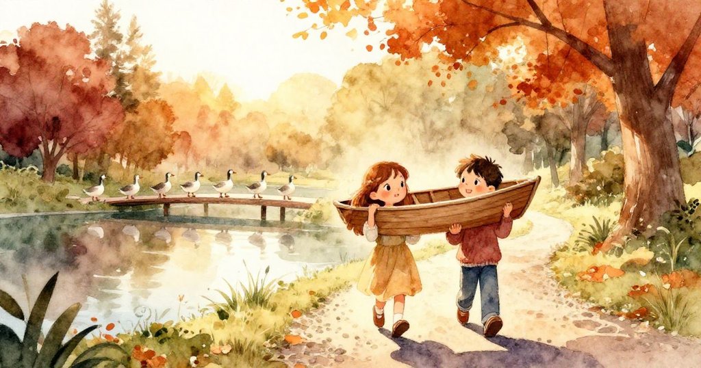 莉莉與本攜帶彩繪木船沿碎石小徑向池塘進發，橋上鵝群掠影，剪影在明亮陽光中展現冒險開端