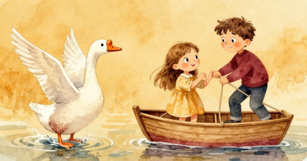 莉莉與本在分割畫面中動作分明，一側鵝振翅激起水花，另一側則專注調整繩索與穩定船隻，緊張興奮共現