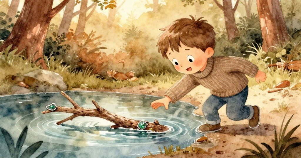 本在靜謐池畔低水中探查，意外觸及隱藏於水下枝條中閃亮徽章，驚奇表情顯現探索瞬間