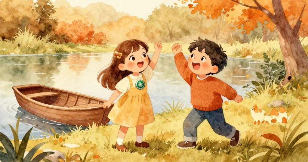 莉莉與本在青草旁慶祝徽章發現，笑容燦爛互動溫馨，木船靜立背景見證冒險喜悅