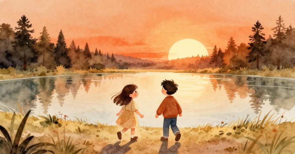 莉莉與本背影走向開闊道路，晨光映襯池畔餘波漸平，新希望在遠方等待持續探索