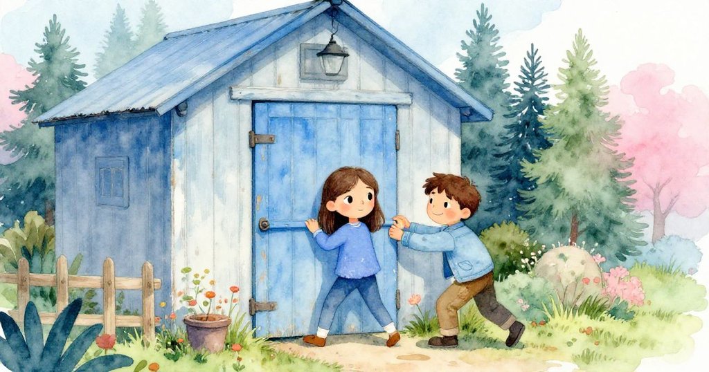 Celia與Max在明亮花園中努力拉開舊棚門，展現興奮與期待心情，開始探索秘密之旅。