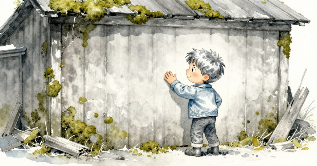 Max在舊棚屋內清理苔蘚和碎片，輕敲牆面感受回音，現場光影柔和，充滿歷史痕跡。