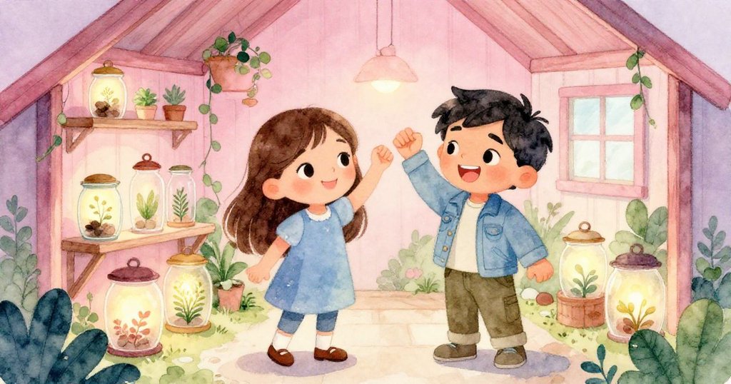 Celia與Max在棚屋內欣喜慶祝，陽光照耀下種子瓶閃爍希望光芒，滿臉幸福展現團隊精神。