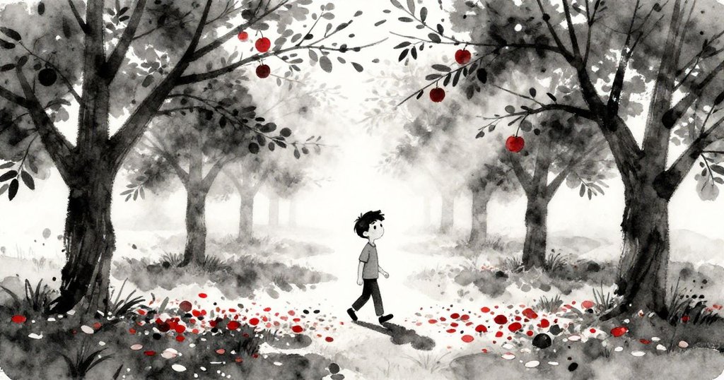 Mason在晨光中走進蘋果園，花瓣鋪路，樹影婆娑，臉上滿是好奇與期待。