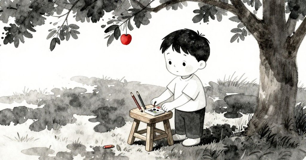 Mason在樹蔭下仔細擺放木凳與畫具，手中動作專注，展現精心準備繪畫的情景。