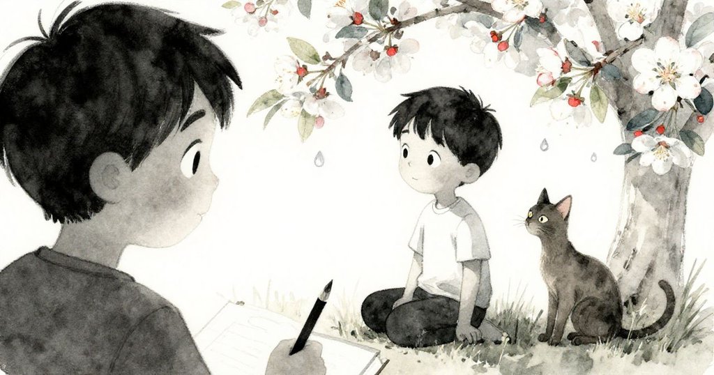 從Mason肩後看，他正專心畫蘋果樹花朵，背景水霧初現，一隻貓咪好奇地觀察。