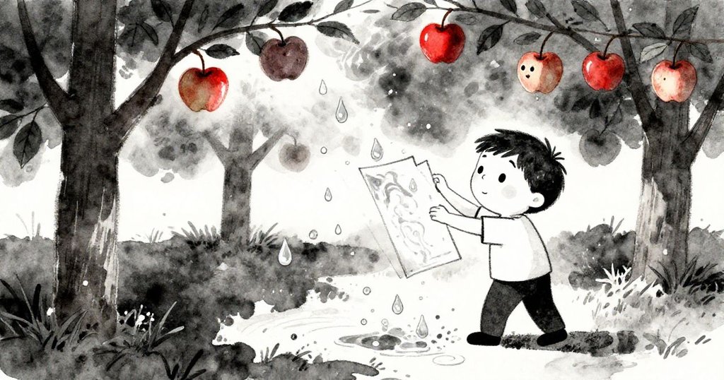 Mason驚訝中努力穩住畫本，水滴與未成熟果實在樹下飛濺，畫面呈現動態與意外之美。