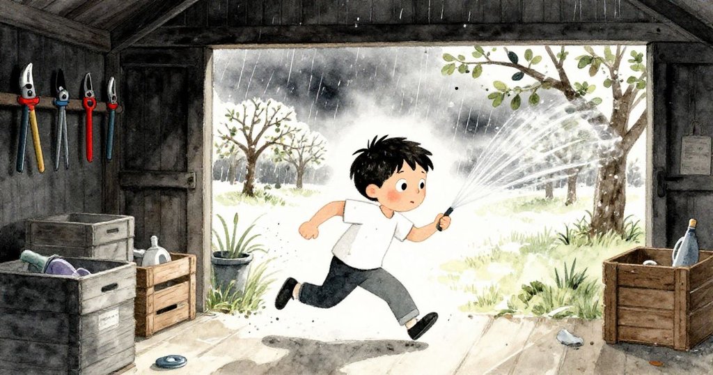 Mason匆忙進入破舊小棚避雨，濕透卻展現堅定，棚內工具排列有序，氣氛寧靜。