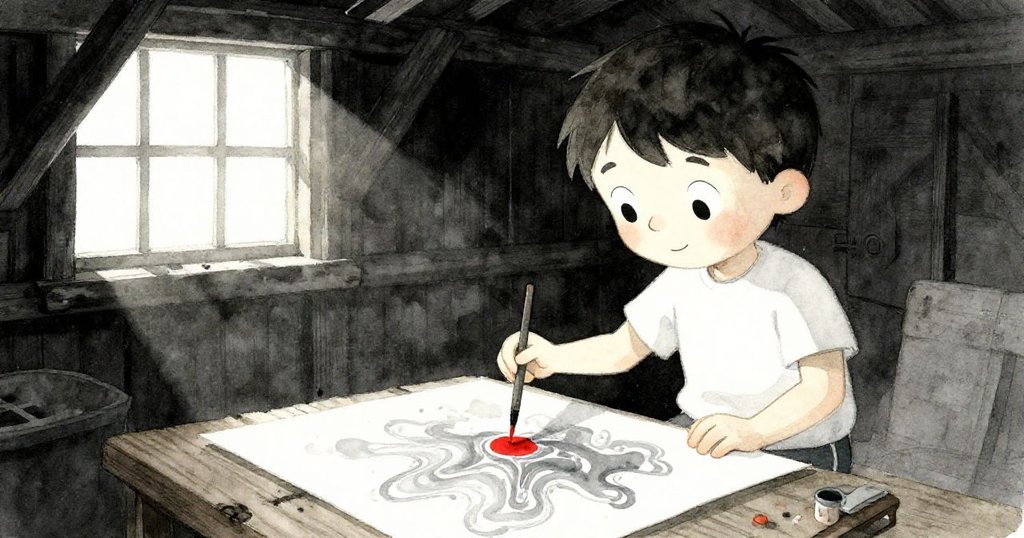 Mason在棚內靜坐，輕輕擦拭重新構成的水彩畫，臉上流露出反思與滿意的柔和微笑。