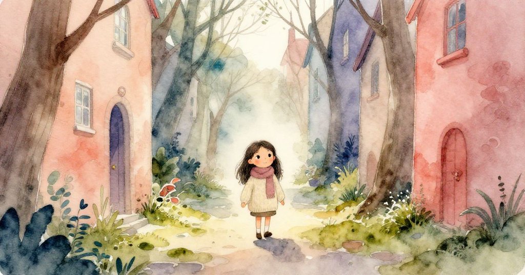 馬拉在古老公園中漫步，暮光映照苔蘚和倒影，路途充滿期待與好奇，展現探險初始情感。