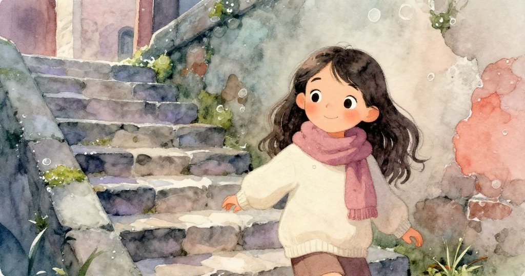 馬拉踏著古老石階向圖書館前進，苔蘚與石紋細膩展現歷史感，步伐充滿探索熱情。