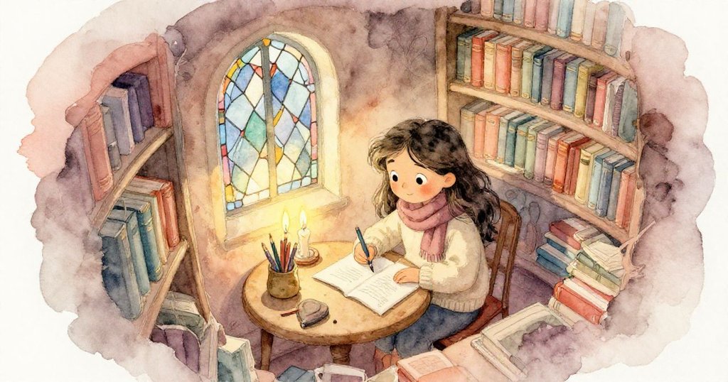 馬拉在暗淡圖書館角落依靠小桌安坐，燭光與彩窗交織，展現溫柔沉浸於素描創作。
