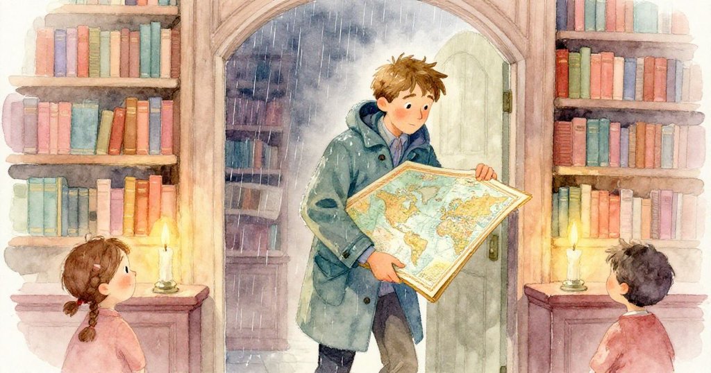 路易斯冒雨進入燭光點綴小角落，甩動濕外套，懷抱厚重地圖，眼神透露疲憊與堅定。