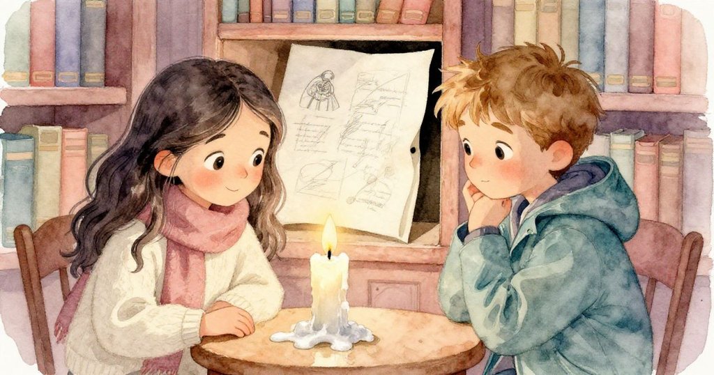 馬拉與路易斯輕觸間，蠟燭搖晃滴蠟，小抽屜微開露出古舊手稿，神情充滿驚奇與關懷。