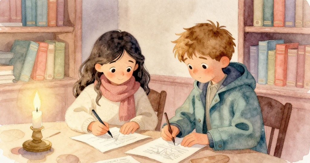 馬拉與路易斯並肩整理秘密手稿，燭光微弱映出溫暖笑容，圖書館角落彌漫平靜回憶與沉思。