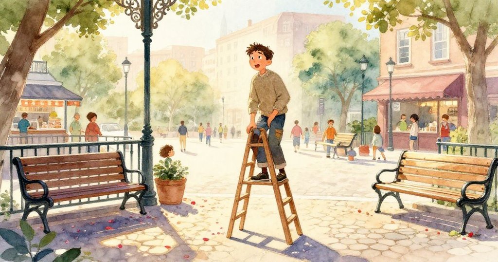 Callum 在晨光中平衡木梯於廣場, 背景展現麵包店、散落花瓣、空曠長椅, 他神情專注充滿期待。