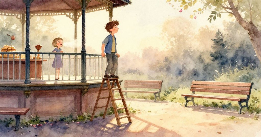 Callum 用靈巧雙手在燈柱上綁繩, 籃子內滿是彩帶與銅鈴, 光線柔和, 他動作迅速又專注。