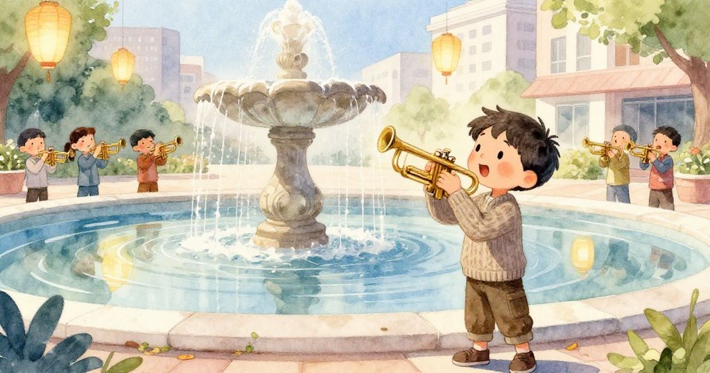 Callum 和小號手在噴泉邊整理裝飾, 水面倒映紙燈籠與彩帶, 他們互動忙碌, 氣氛和諧美好。