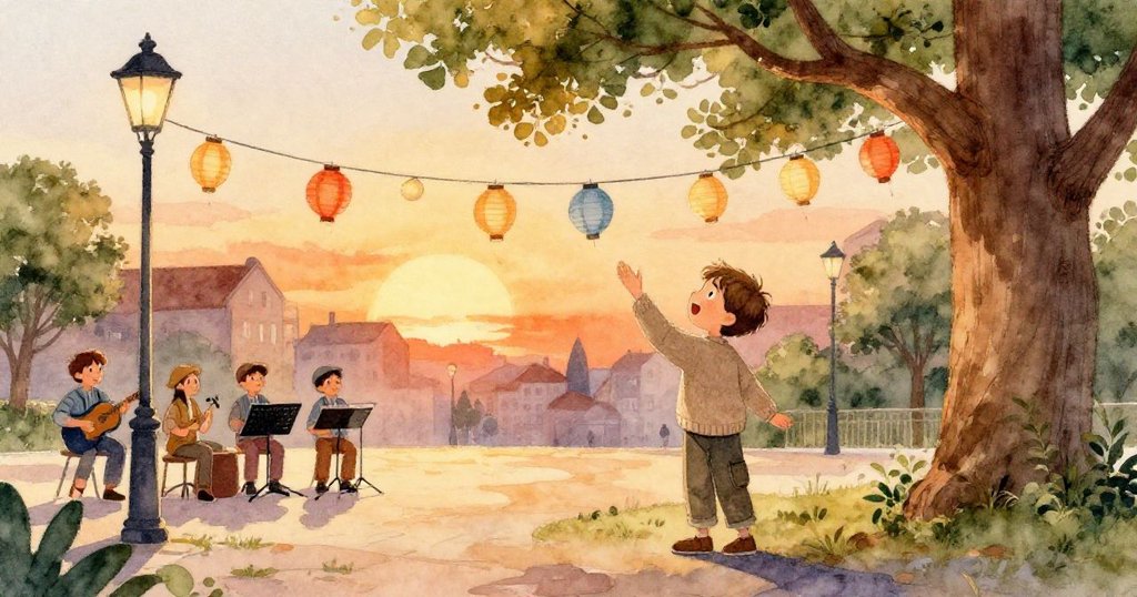 Callum 站在樹與燈柱間檢查裝飾, 夕陽橙光映照廣場, 紙燈籠輕搖, 音樂家在旁準備演出。