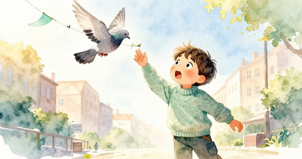Callum 驚愕地停下手中工作, 目光追隨驚飛的鴿子, 彩帶隨風輕擺, 瞬間的緊張與變化定格。