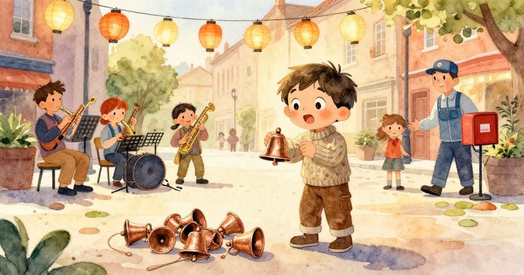 Callum 臉上帶著滿足微笑, 撿拾散落的銅鈴, 背景中音樂家調試樂器, 廣場溫暖慶典氣氛濃厚。