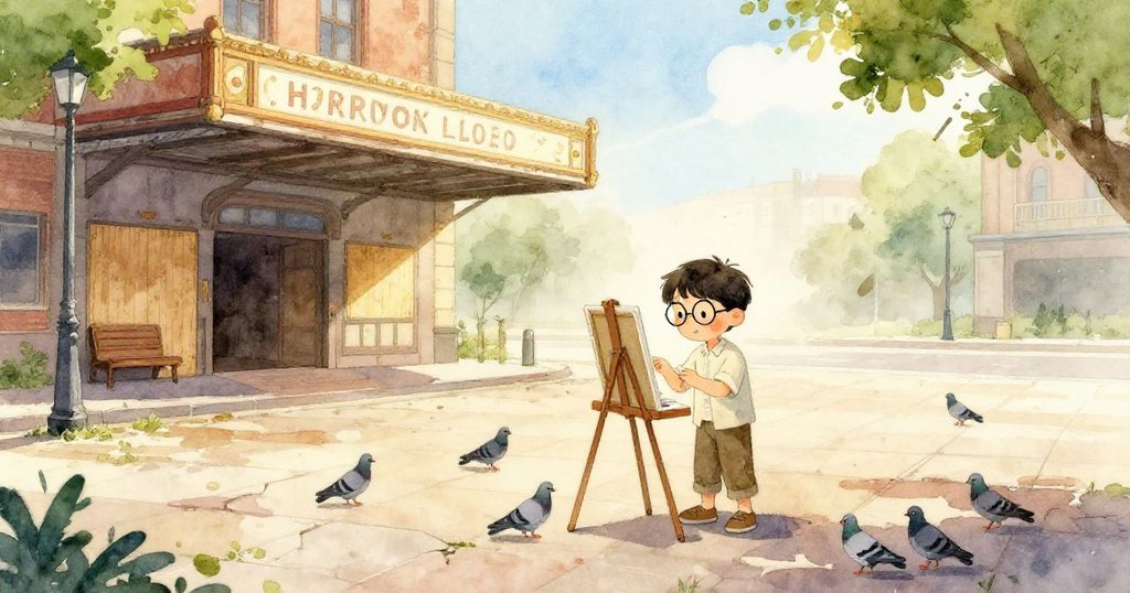 Harrison在廢棄車站前設置畫架，背景有老戲院與踱步鴿子，神情專注且充滿期待，晨霧環繞中展現開端。