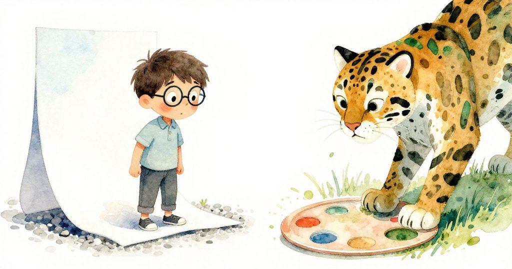 Harrison面露驚訝，左側畫紙翻落於碎石，右側鮮豔豹紋海報碎片落下，展示失控與意外的瞬間轉折。