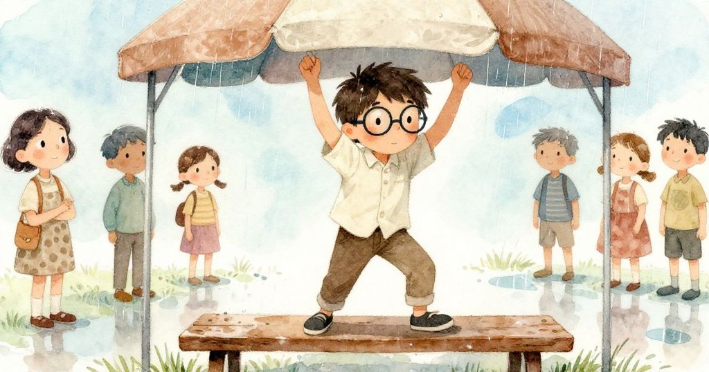 Harrison在戲院遮陽篷下調整身形，斜長椅助平衡，雨滴落下映出水坑與天空，背景路人靜默關注。