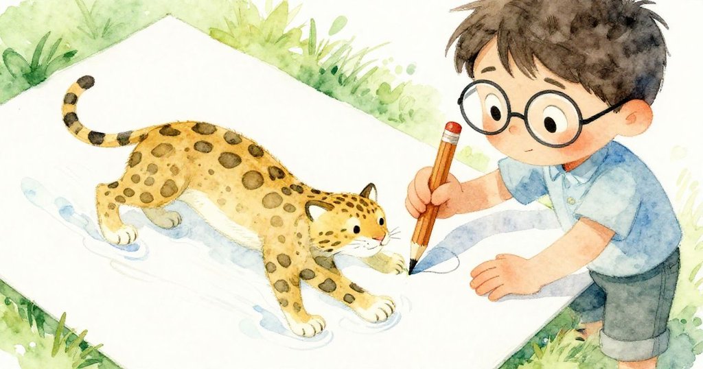 Harrison快筆勾勒畫紙上豹紋貓形，斷鉛筆成為創作工具，面部專注流露堅定與靈感，雨後光影映襯背景。